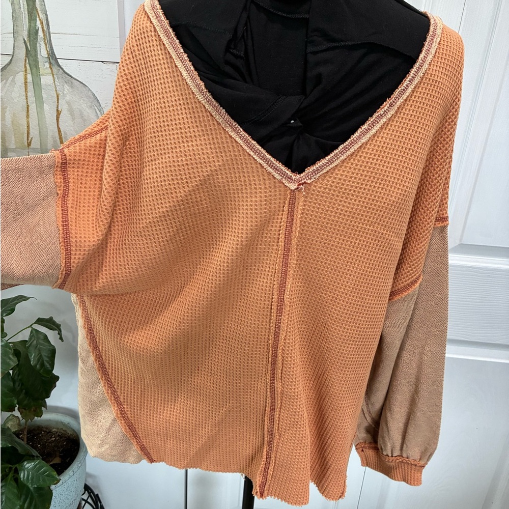 POL Orange V-Neck Waffle Knit Sweater with Airy Knit - Picture 3 of 7